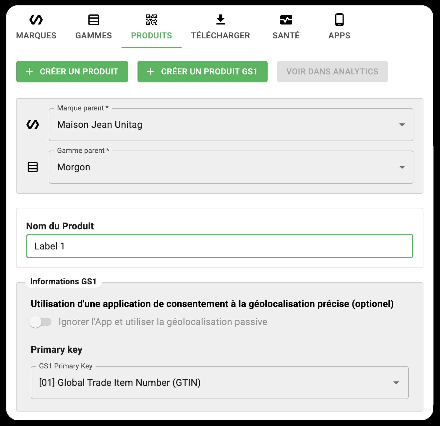 The Unitag console — creating a GS1 product. Brand and Range selectors, a Product name field, and the GS1 Information panel with primary key set to GTIN