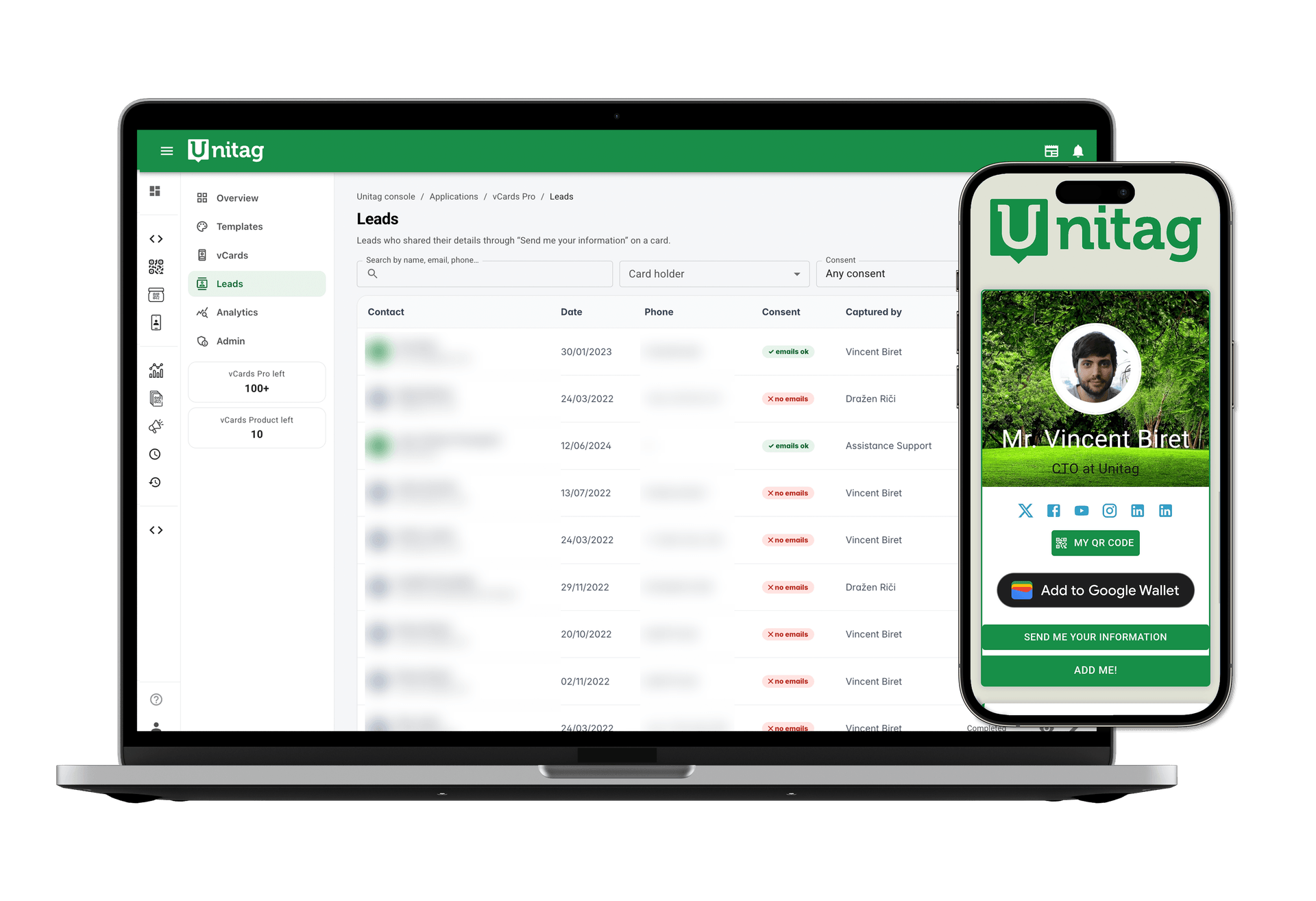 vCard Pro leads dashboard next to a digital business card on a phone vCard Pro leads dashboard next to a digital business card on a phone